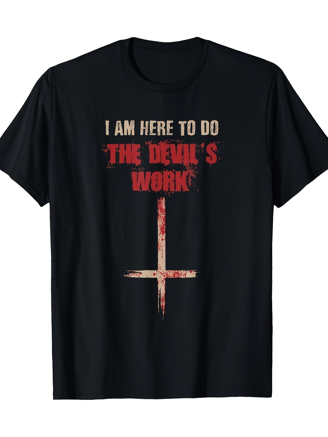 Crossfit Event - メンズサタニズムTシャツ - 大胆な赤色「私は悪魔の仕事をするためにここにいる」テキストと逆向きの十字架 - ヘヴィメタルコンサート、ハロウィンコスチューム -